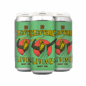 Three cans of Electric Living Hazy IPA beer with a green label featuring a stylized illustration of a lightning-wielding figure in front of a red circle and bold yellow text.