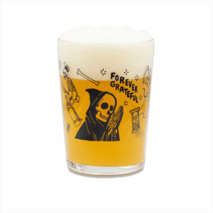 The Forever Grateful Maxi Tumbler features playful black illustrations of skeletons, a grim reaper, bones, an hourglass, and the phrase "FOREVER GRATEFUL," perfect for enjoying your favorite beer with a thick foamy head.