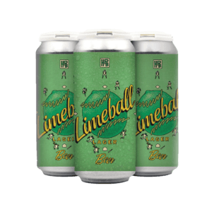Three green cans of "Limeball Lager Beer" stand closely together, perfect for upcoming Los Angeles beer events. The labels showcase a lime graphic and playful illustrations around the text, topped with the iconic "HB" logo.