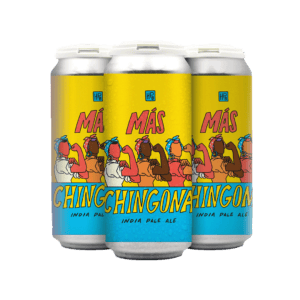 Three cans of "Más Chingona" India Pale Ale with colorful illustrations of people in festive attire against a vibrant yellow and blue background.