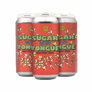 Three cans of beer with a bright red label featuring white flowers and bold "SUGAR ON MY TONGUE" and "DDH HAZY DIPA" text are arranged in a cluster, celebrating this vibrant can release as part of upcoming beer releases and events.