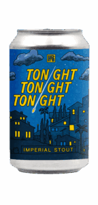 A beer can with a blue label showing a nighttime cityscape, palm trees, and clouds—perfect for los angeles beer lovers. The label reads “TONIGHT TONIGHT TONIGHT” with a falling star and “IMPERIAL STOUT” at the bottom.