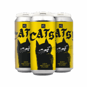 Three cans of DDH West Coast Pilsner beer with bright yellow labels featuring a black illustrated cat and bold black text reading "CATS!" on the front.