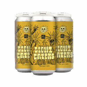 Three cans of beer with a yellow label featuring stylized cacti, skeleton hands, and a skull with sun rays. The label reads "Light Eaters" and "TDH Hazy DIPA" with "HPB" logos.