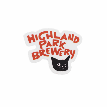 A sticker called "Sad Cat Sticker" features bold red text "Highland Park Brewery" above a black cat’s face illustration on a white background.
