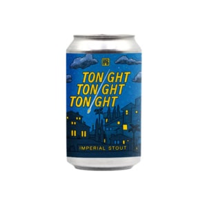A silver can of imperial stout beer, Tonight, Tonight, Tonight (2025), has a label showing a nighttime cityscape with yellow "TONIGHT TONIGHT TONIGHT" text and stars in a blue sky.