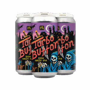 Three cans of "Turbo Button DDH Hazy IPA" beer with colorful pixel art labels featuring skeletons in blue hooded robes, city skyline, bats, and bold red and yellow text.