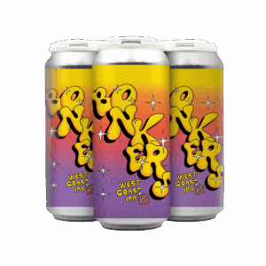 Three cans of Bonkers West Coast IPA with a colorful yellow, orange, and purple gradient label, featuring bold, dripping graffiti-style text and sparkling star accents.