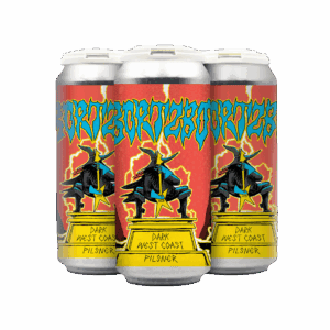 Three cans of "Dark West Coast Pilsner" feature vibrant red and yellow graffiti-style art with a mysterious cloaked figure atop a trophy. Check out this can release for updates on beer events near me.