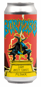 A beer can with bold, jagged blue and yellow text reading “BortzBo” above an illustrated figure holding a guitar, sitting on a yellow pedestal labeled “Timbo Pils West Coast Pilsner,” with a red background and lightning.