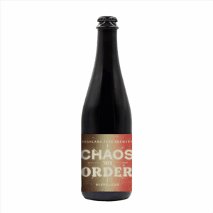 A dark glass bottle of beer labeled "Chaos Into Order: Neapolitan (2025)" in bold white letters on a brown-to-red gradient background, from Highland Park Brewery.