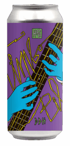 A can with a purple label featuring blue hands playing a guitar with yellow strings, accented by abstract yellow lettering and a green square with "HPB" at the top.