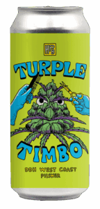 A can of beer labeled "Turple Timbo DDH West Coast Pilsner" features an illustrated cannabis bud being trimmed with scissors and a comb by gloved hands on a bright green background.