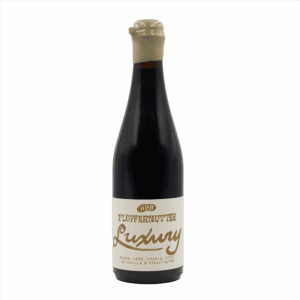 A dark glass Highland Park Brewery Bottle with a beige wax seal and a label reading "HPB Fluffernutter Luxury Barrel Aged Imperial Stout w/ Vanilla & Peanut Butter." The bottle stands upright on a plain white background.