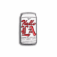 The Hello LA Enamel Pin (2025) is beer can-shaped, featuring "Hello LA" in bold red script and "West Coast IPA" in small black text on a white background.