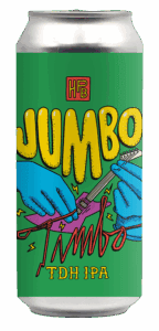 A green can of Jumbo TDH IPA featuring colorful illustrations of blue hands playing a purple electric guitar, with bold yellow and red decorative text on the label.