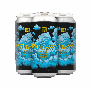 Three cans of HPB Pillow T.D.H. Hazy DIPA beer with a colorful label of blue clouds, yellow text, and stars on a black background. Arranged in a triangle, they're perfect for fans looking for upcoming beer releases and events.