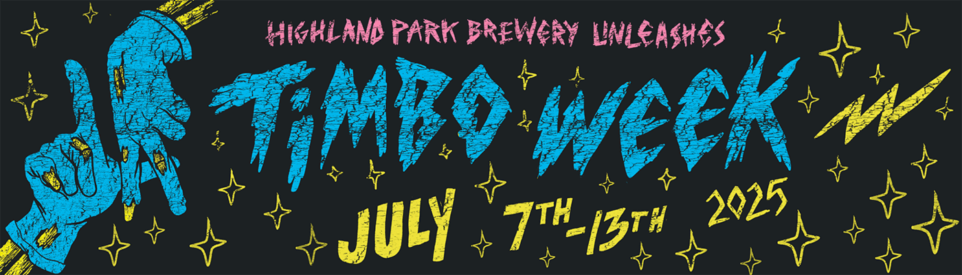 Colorful event banner with a blue hand holding a yellow lightning bolt, sparkling stars, and bold text: "Highland Park Brewery, a Los Angeles brewery, unleashes Timbo Week, July 7th-13th, 2025" on a dark background.
