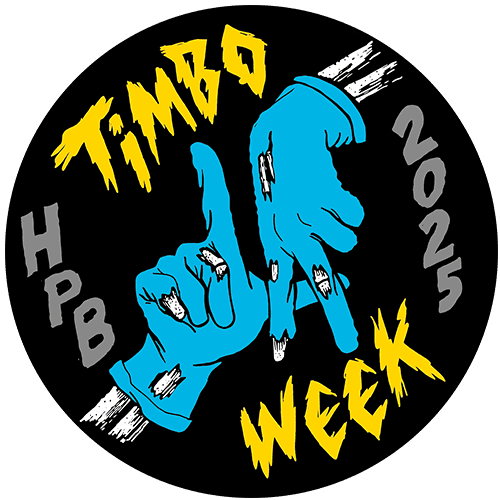 Two cartoon hands with blue gloves form "LA" with their hands. Yellow and gray text reads "TIMBO WEEK 2025" around the hands, all on a black octagon background—celebrating Highland Park Brewery Timbo Pils.