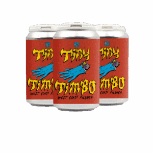 Three cans of "Tiny Timbo West Coast Pilsner" beer with red labels featuring a blue illustrated hand and bold yellow and black text, arranged in a cluster against a white background.