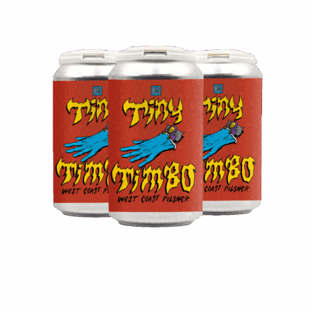 Three cans of "Tiny Timbo West Coast Pilsner" beer with red labels featuring a blue illustrated hand and bold yellow and black text, arranged in a cluster against a white background.