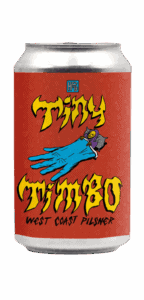 A beer can with a red label featuring yellow, stylized text that says "Tiny Timbo West Coast Pilsner." The artwork shows a small, caped character inside a blue glove—a perfect showcase for any Timbo week.