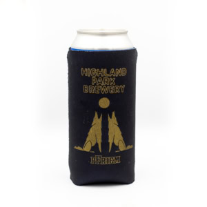 A can wrapped in a black pFriendship Koozie with gold illustrations of two wolves howling at a moon, "Highland Park Brewery" above, and "pFriem" below.