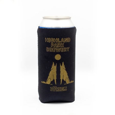 A can wrapped in a black pFriendship Koozie with gold illustrations of two wolves howling at a moon, "Highland Park Brewery" above, and "pFriem" below.