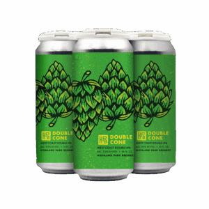 Four cans of Highland Park Brewery’s Double Cone West Coast Double IPA, with green labels and illustrated hop cones, are part of the latest can release—stay tuned for updates on upcoming beer releases and events.