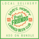 A cream graphic with a green border features green and orange text reading "100% Hoppy Fresh Friends Local Delivery (October Add On Bundle)," with "Local Delivery" at the top and "Add On Bundle" at the bottom.