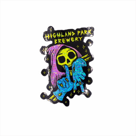 Timbo Hands Sticker (2 pack) features a cartoon grim reaper with a yellow skull, purple hood, and blue scythe. "Highland Park Brewery" appears above in yellow letters with small yellow stars in the background.