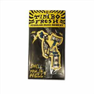 The Timbones Air Freshener from Highland Park Brewery features a cartoon skeleton with a mug and beer can, plus “Smell You In Hell!” in yellow on the front.