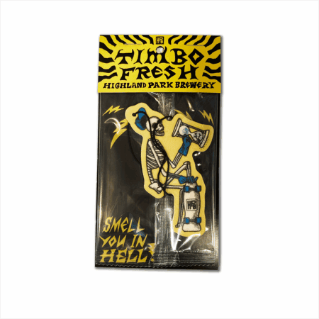 The Timbones Air Freshener from Highland Park Brewery features a cartoon skeleton with a mug and beer can, plus “Smell You In Hell!” in yellow on the front.