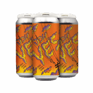 Three beer cans with vibrant orange and purple labels featuring swirling clouds, telephone wires, and the text "DDH YES DDH HAZY DIPA" in large, playful letters—perfect for your next can release or Los Angeles beer event.