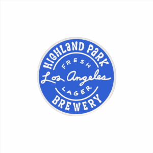 A 2-pack of round blue stickers featuring white handwritten-style text: “Highland Park Brewery, Fresh Los Angeles Lager.” Product: Fresh LA Lager - Blue Circle Sticker.