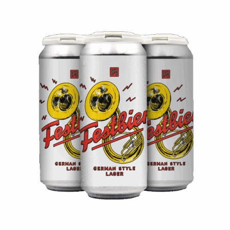 Three cans of Festbier German Style Lager, perfect for any Los Angeles beer enthusiast or local can release. The striking design features a yellow tuba, red festive script, and black accents on a crisp white background.