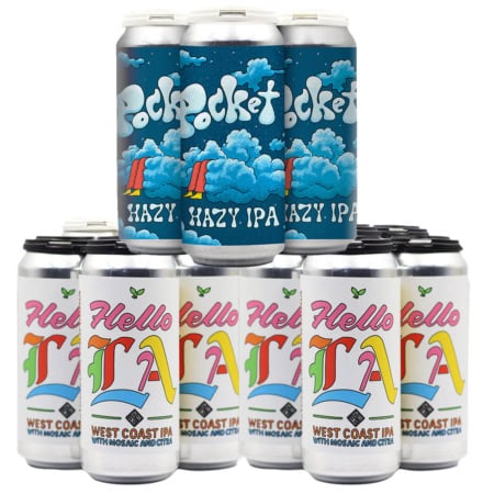 The HPB Fresh Hoppy Pack (CA SHIPPING ONLY) features cans in two designs: "Pocket Hazy IPA" with a night sky and clouds, and "Hello LA West Coast IPA" with bold letters and palm trees.