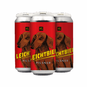 Three beer cans with red labels featuring an illustrated brown dachshund and the word "LEICHTBIER" in bold yellow letters, with "PILSNER" below, against a plain white background—perfect for the latest can release updates.