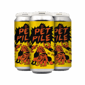 Three cans of beer with yellow labels featuring bold black and red "PET PILE" text and cartoon-style wrestling dogs, plus "WE IPA!" at the bottom right—stay tuned for updates on this exciting can release!.