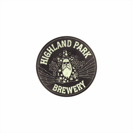 A glow-in-the-dark sticker (2 pack) for Highland Park Brewery featuring a wizard with a starry hat and beard, surrounded by stars and rays, with the brewery name in bold letters around the edge.