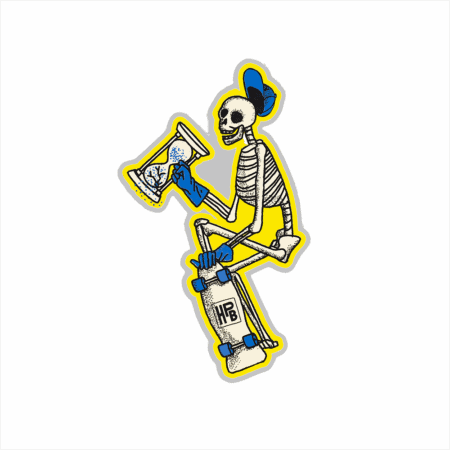 The Timbones Skater Sticker (2 pack) features a cartoon skeleton in a blue cap riding a skateboard labeled "HPB," holding an hourglass. The design uses mainly yellow, blue, and black colors.
