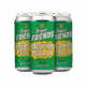 Three green and yellow beer cans labeled "Fresh Friends Fresh Hop Hello LA" with "Newest in Hop Innovation" written at the bottom, arranged in a triangular formation on a white background.