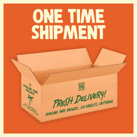 A cardboard box with "Highland Park Brewery" and "Fresh Delivery!" printed on it sits open against an orange background. Above, the text reads "FF One Time Shipping.