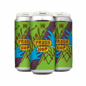 Three cans of beer with bright green labels featuring blue hands playing a purple guitar. The words "Fresh Hop" are prominently displayed in a yellow, graffiti-like font. The background includes abstract, sketchy designs.