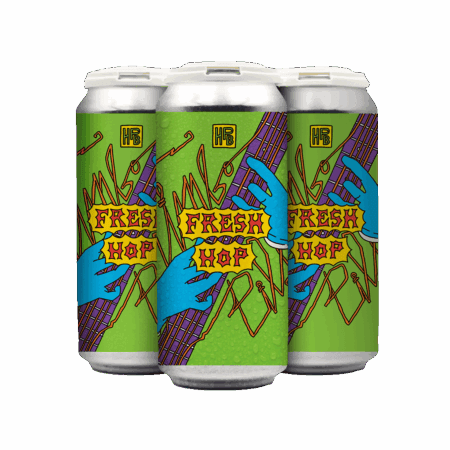 Three cans of beer with bright green labels featuring blue hands playing a purple guitar. The words "Fresh Hop" are prominently displayed in a yellow, graffiti-like font. The background includes abstract, sketchy designs.