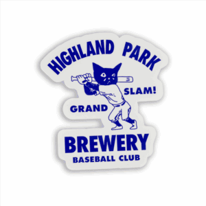Sad Cat Grand Slam Sticker (2 pack) features a baseball player with a cat’s face holding a bat and the text “Highland Park Brewery Grand Slam! Brewery Baseball Club” in bold blue letters.