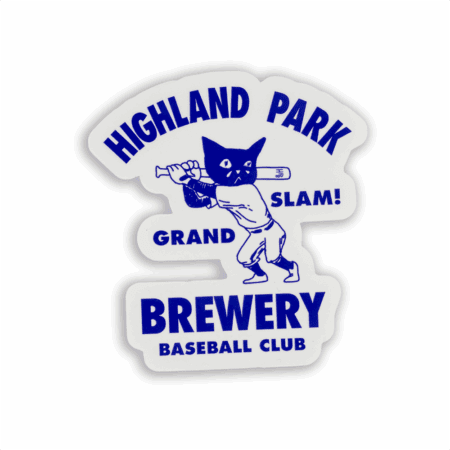 Sad Cat Grand Slam Sticker (2 pack) features a baseball player with a cat’s face holding a bat and the text “Highland Park Brewery Grand Slam! Brewery Baseball Club” in bold blue letters.