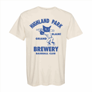 Sad Cat Grand Slam Tee: Off-white shirt featuring blue "HIGH LAND PARK BREWERY BASEBALL CLUB GRAND SLAM!" text and artwork of a cat-headed baseball player holding a bat.
