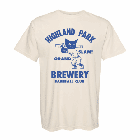 Sad Cat Grand Slam Tee: Off-white shirt featuring blue "HIGH LAND PARK BREWERY BASEBALL CLUB GRAND SLAM!" text and artwork of a cat-headed baseball player holding a bat.