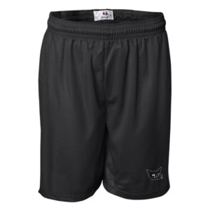 Sad Cat Shorts: black athletic shorts with an elastic waistband and a small white cartoon cat face graphic on the lower left leg.